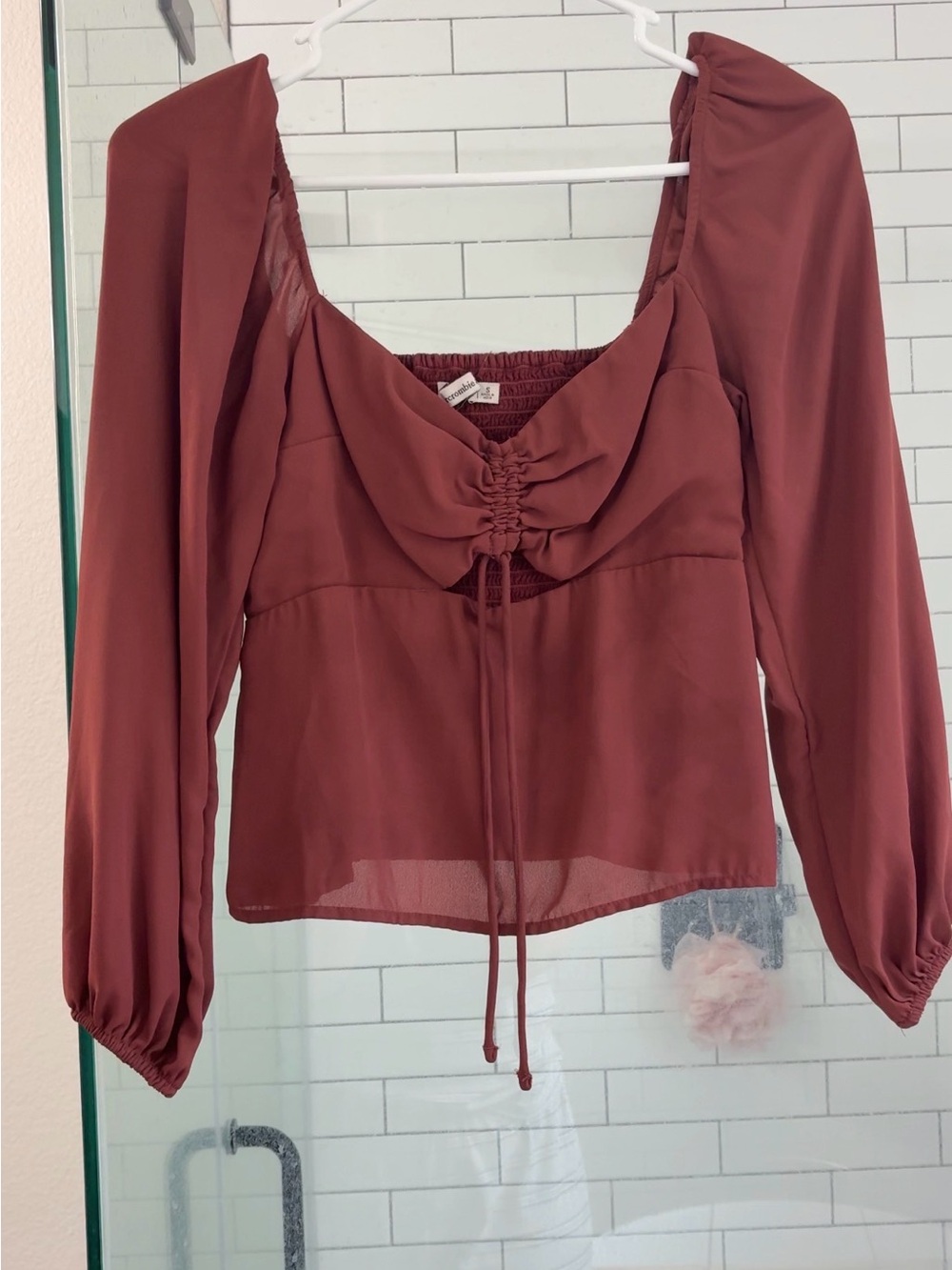 Abercrombie & Fitch Burgundy Ruched Tie-Front Long Sleeve Top